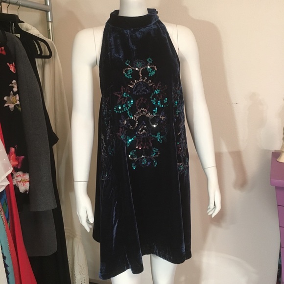 Free People Navy Velvet & Sequin Dress ALine Swing - Picture 4 of 9